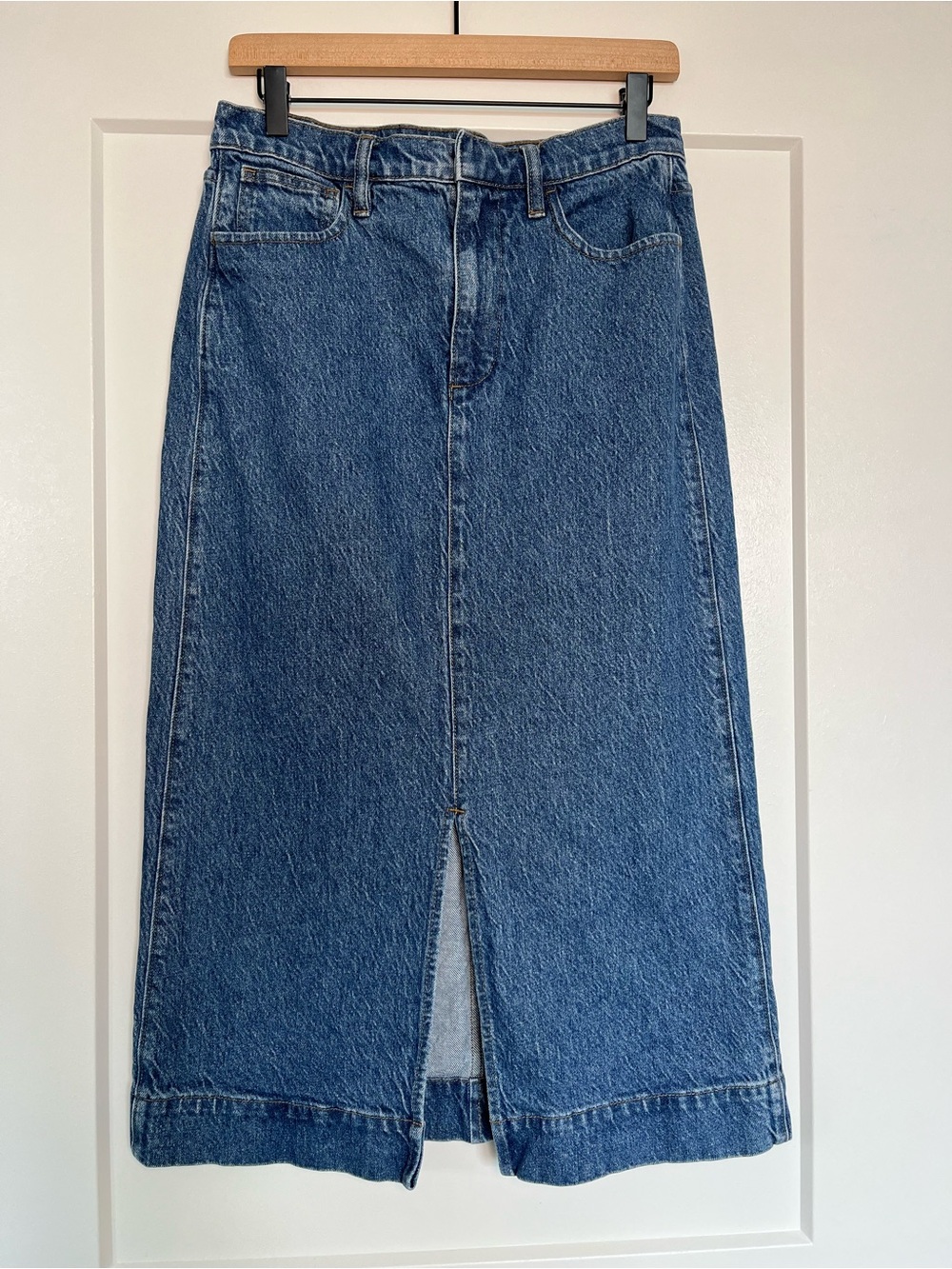 J.Crew Denim Midi Skirt Size 27 Blue 100% Cotton Front Slit Classic Jean Skirt